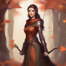 A detailed illustration of a female Eladrin in her Autumn form