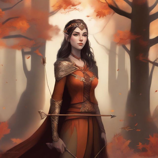 A detailed illustration of a female Eladrin in her Autumn form