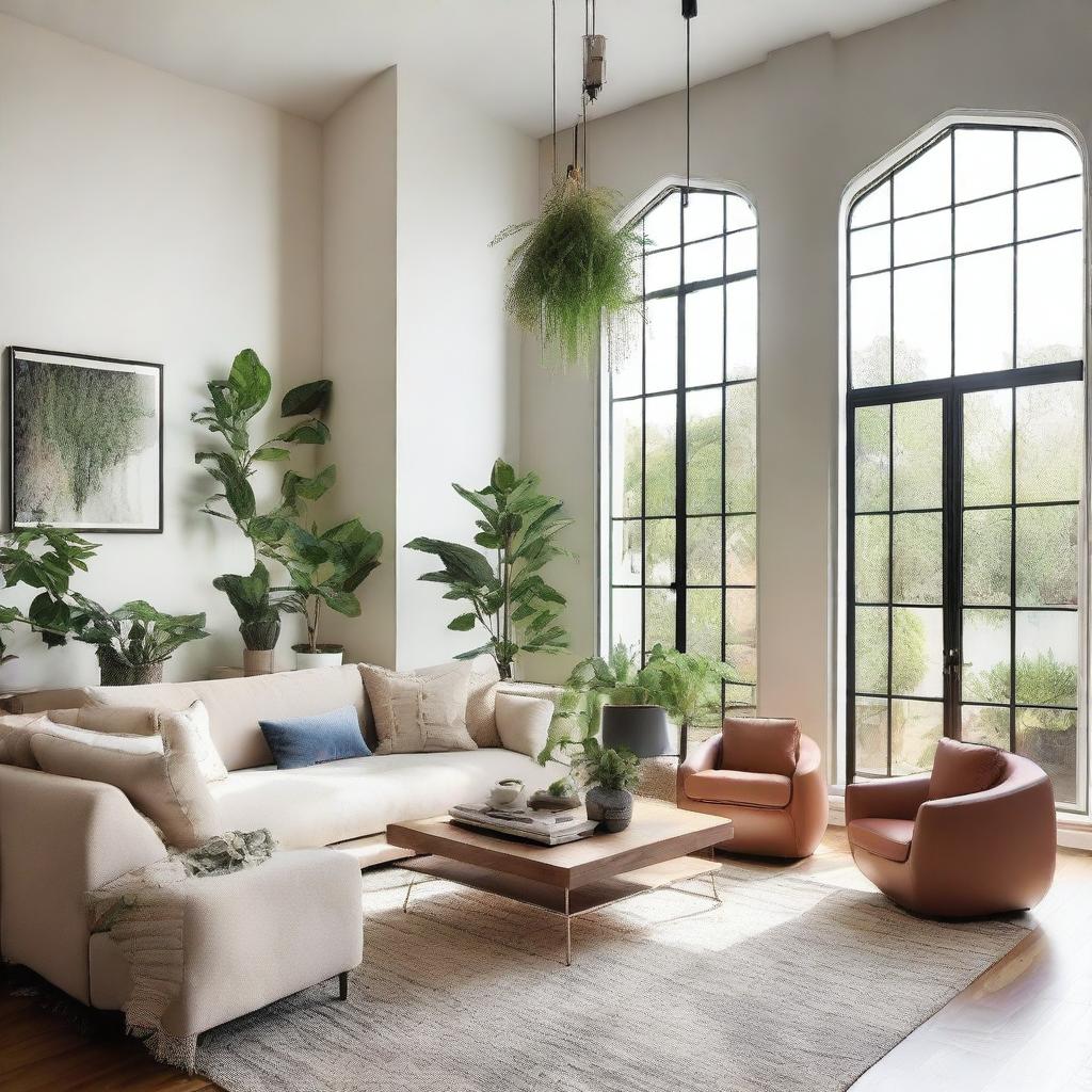 A spacious and elegant living room featuring a large sofa, a coffee table, and a flat-screen TV on the wall