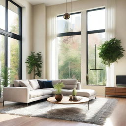 A spacious and elegant living room featuring a large sofa, a coffee table, and a flat-screen TV on the wall