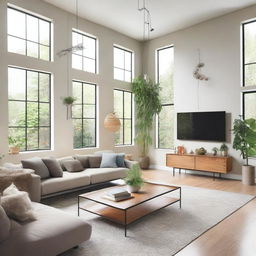 A spacious and elegant living room featuring a large sofa, a coffee table, and a flat-screen TV on the wall