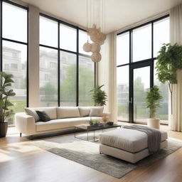 A spacious and elegant living room featuring a large sofa, a coffee table, and a flat-screen TV on the wall