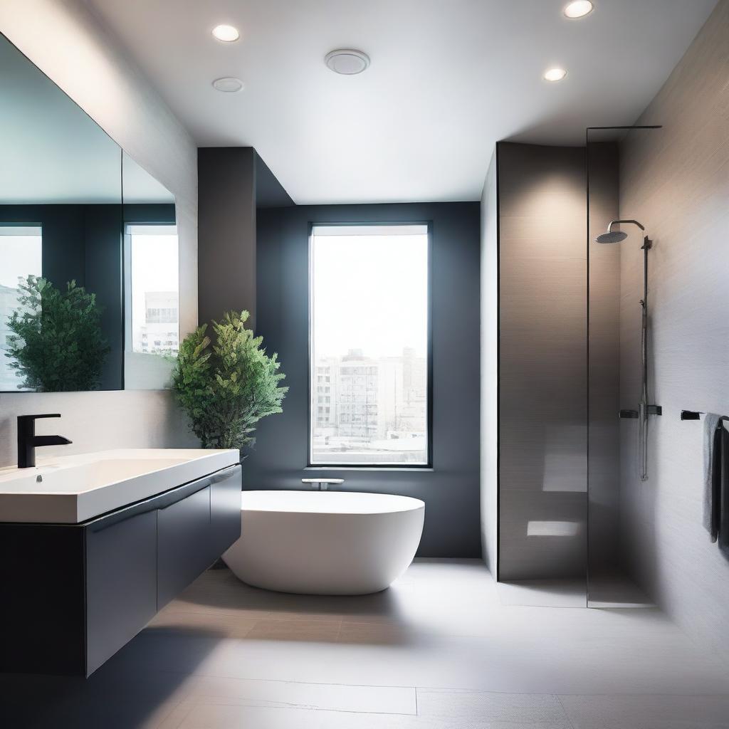 A sleek and modern bathroom featuring a freestanding bathtub, a walk-in glass shower, and a stylish vanity with a large mirror