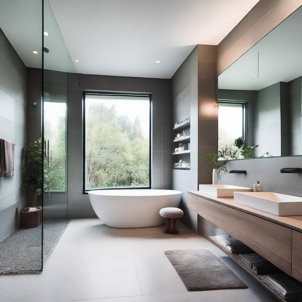 A sleek and modern bathroom featuring a freestanding bathtub, a walk-in glass shower, and a stylish vanity with a large mirror