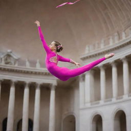 A gymnast girl, garbed in vibrant pink attire, deftly performing an aerial figure mid-air with a rhythmic gymnastics ribbon in hand, the majestic edifice of the Congress providing a grand backdrop