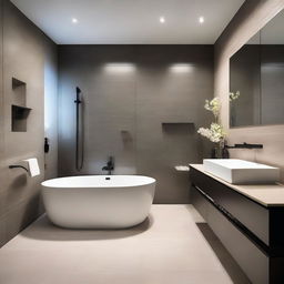 A sleek and modern bathroom featuring a freestanding bathtub, a walk-in glass shower, and a stylish vanity with a large mirror