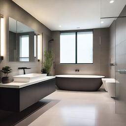 A sleek and modern bathroom featuring a freestanding bathtub, a walk-in glass shower, and a stylish vanity with a large mirror