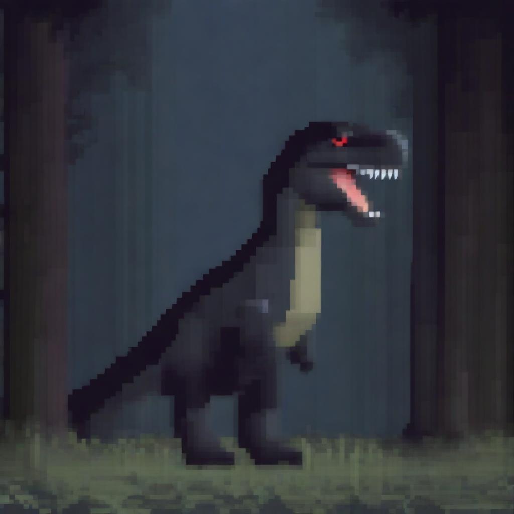 A pixel art illustration of an Allosaurus in a dark forest, in the style of a Night Predator