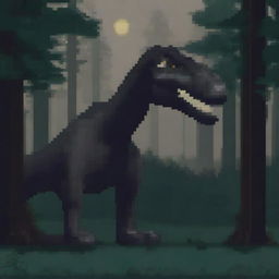 A pixel art illustration of an Allosaurus in a dark forest, in the style of a Night Predator