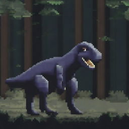 A pixel art illustration of an Allosaurus in a dark forest, in the style of a Night Predator