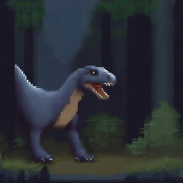 A pixel art illustration of an Allosaurus in a dark forest, in the style of a Night Predator