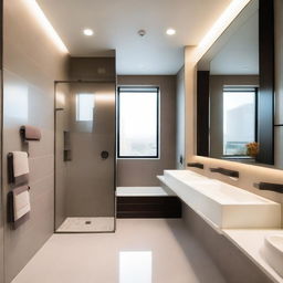 A contemporary bathroom featuring modern moboliary, including a sleek vanity with a large mirror, a stylish storage cabinet, and a chic towel rack