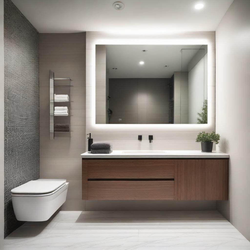 A contemporary bathroom featuring modern moboliary, including a sleek vanity with a large mirror, a stylish storage cabinet, and a chic towel rack