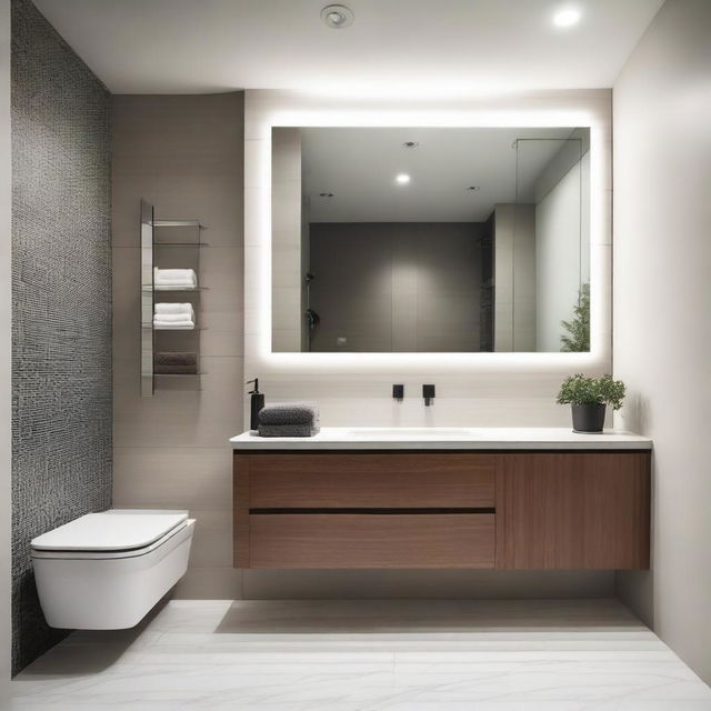 A contemporary bathroom featuring modern moboliary, including a sleek vanity with a large mirror, a stylish storage cabinet, and a chic towel rack