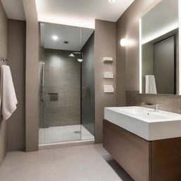 A contemporary bathroom featuring modern moboliary, including a sleek vanity with a large mirror, a stylish storage cabinet, and a chic towel rack