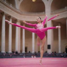 A gymnast girl, garbed in vibrant pink attire, deftly performing an aerial figure mid-air with a rhythmic gymnastics ribbon in hand, the majestic edifice of the Congress providing a grand backdrop