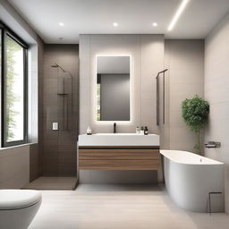 A contemporary bathroom featuring modern moboliary, including a sleek vanity with a large mirror, a stylish storage cabinet, and a chic towel rack