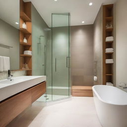 A modern bathroom featuring a glass-enclosed shower with built-in niches for storage