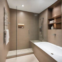 A modern bathroom featuring a glass-enclosed shower with built-in niches for storage