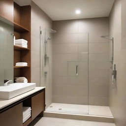 A modern bathroom featuring a glass-enclosed shower with built-in niches for storage