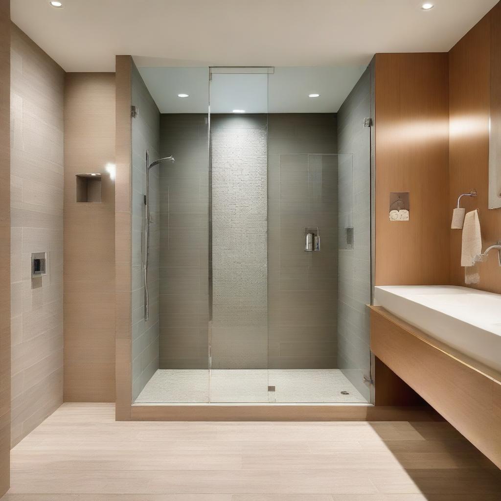 A modern bathroom featuring a glass-enclosed shower with built-in niches for storage