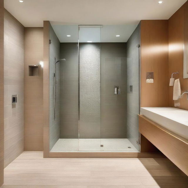 A modern bathroom featuring a glass-enclosed shower with built-in niches for storage