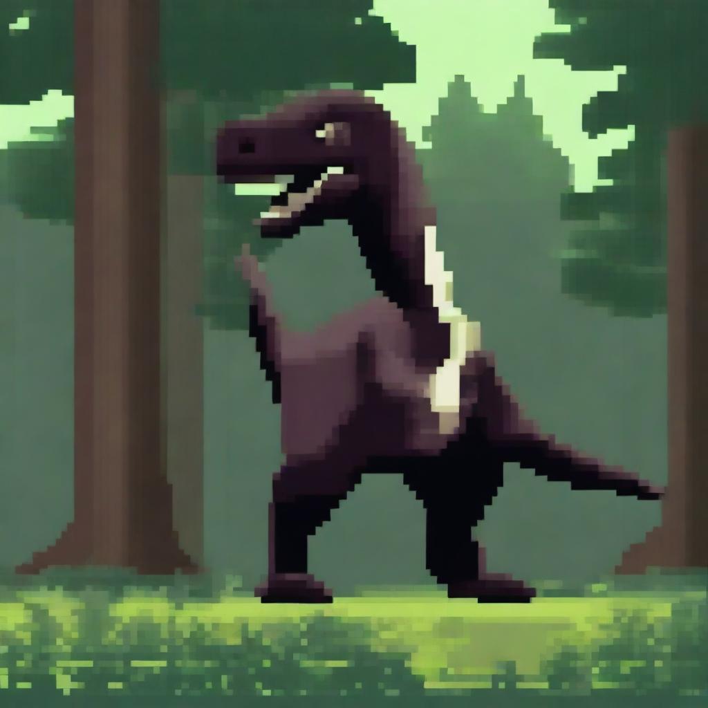 Create a pixelated dinosaur, specifically an Allosaurus, in a dark forest setting