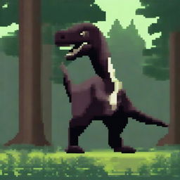 Create a pixelated dinosaur, specifically an Allosaurus, in a dark forest setting