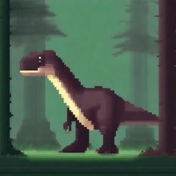 Create a pixelated dinosaur, specifically an Allosaurus, in a dark forest setting