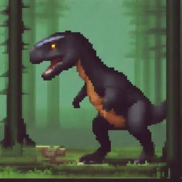 Create a pixelated dinosaur, specifically an Allosaurus, in a dark forest setting