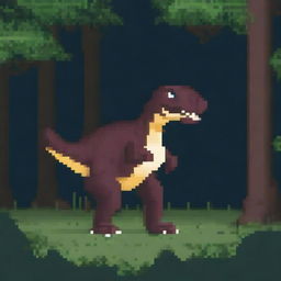 Create a pixelated dinosaur, specifically an Allosaurus, in a dark forest setting