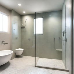 A sleek and modern bathroom featuring a glass-enclosed shower box