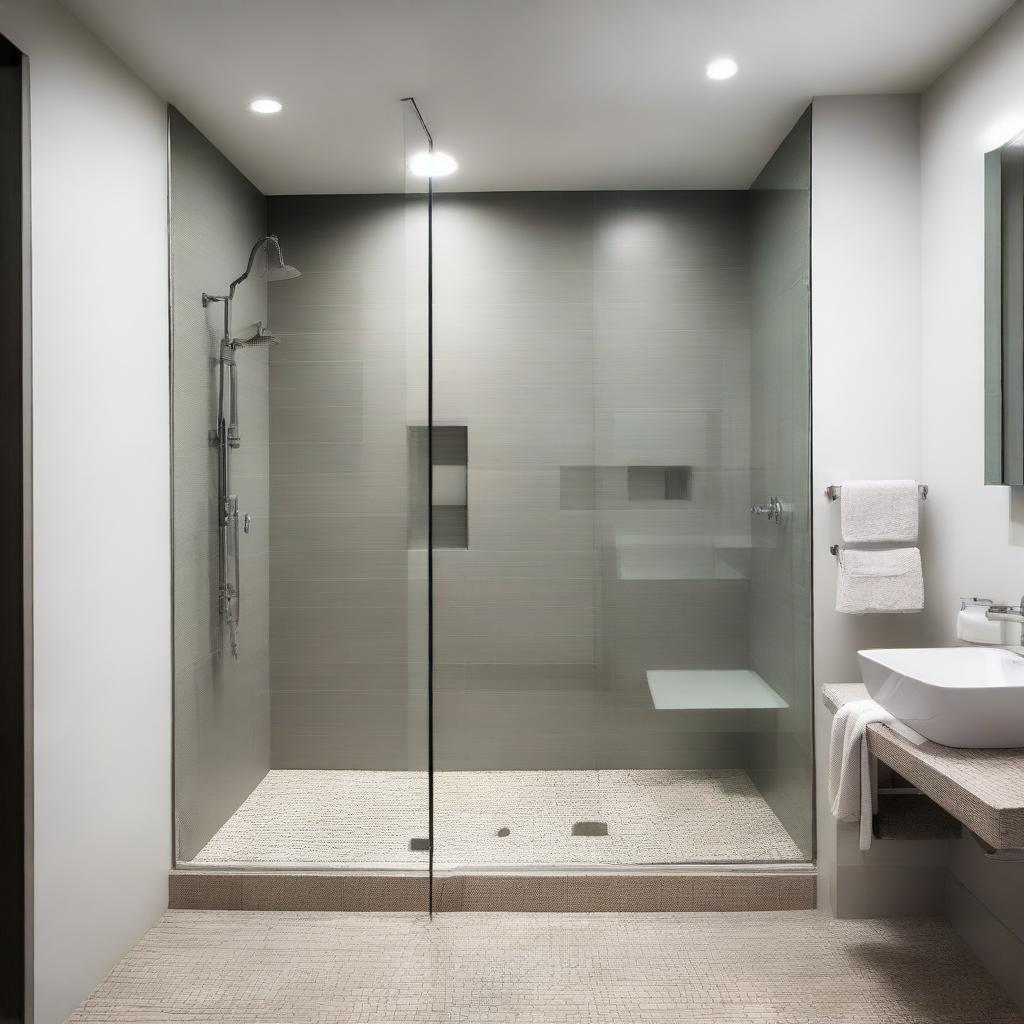 A sleek and modern bathroom featuring a glass-enclosed shower box