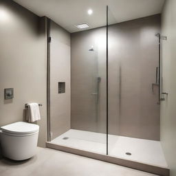 A sleek and modern bathroom featuring a glass-enclosed shower box