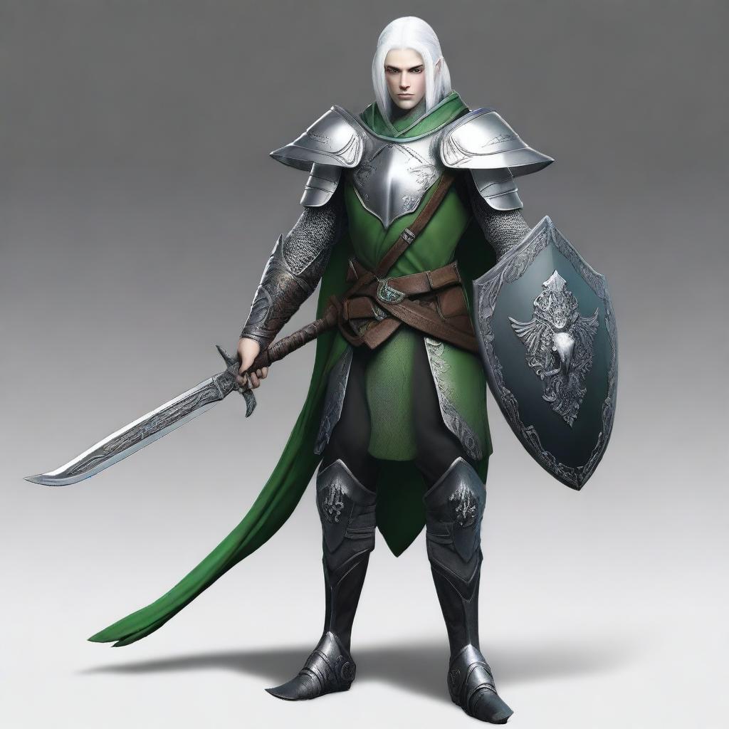 Full body image of a Shadar-kai elf with pale grey skin, standing 5 feet 8 inches tall and weighing 180 pounds