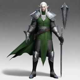 Full body image of a Shadar-kai elf with pale grey skin, standing 5 feet 8 inches tall and weighing 180 pounds