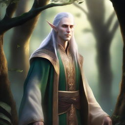 A noble male high elf with long ears, dressed in elegant, flowing robes