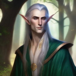 A noble male high elf with long ears, dressed in elegant, flowing robes