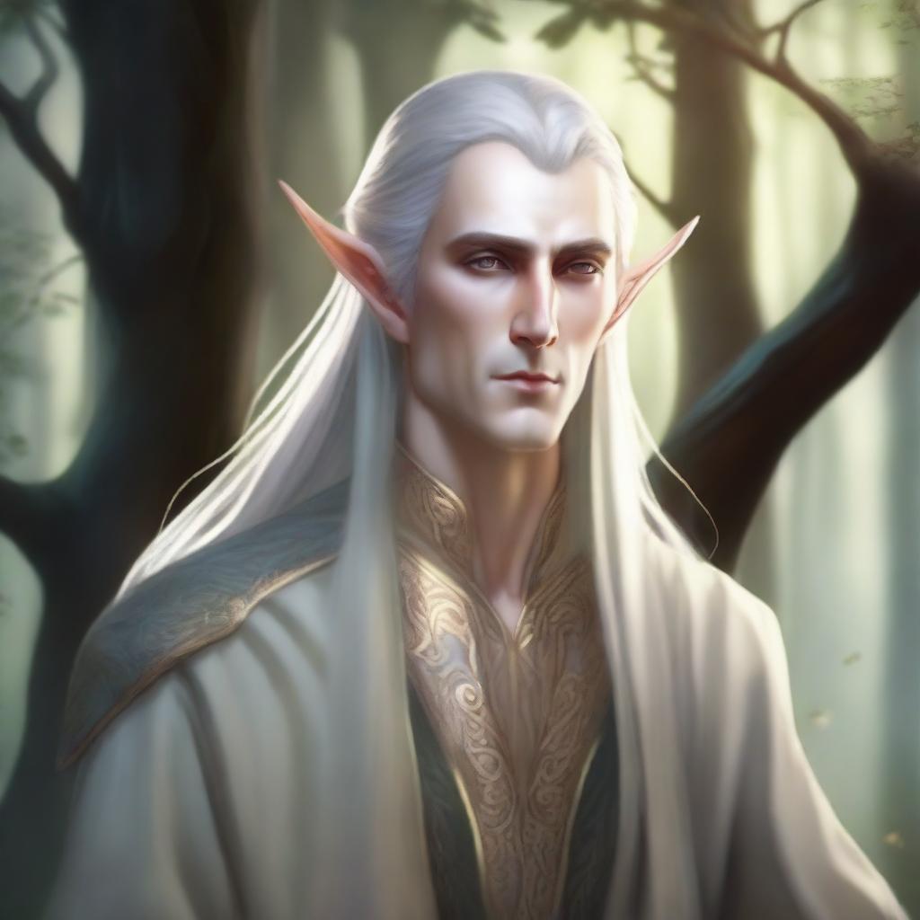 A noble male high elf with long ears, dressed in elegant, flowing robes