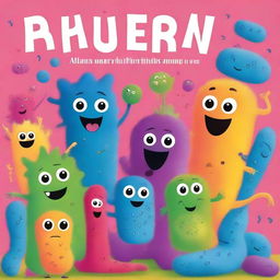 A vibrant and colorful children's book cover featuring friendly and cute bacteria characters