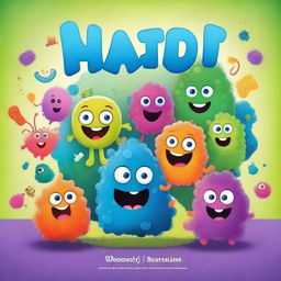 A vibrant and colorful children's book cover featuring friendly and cute bacteria characters