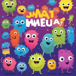 A vibrant and colorful children's book cover featuring friendly and cute bacteria characters