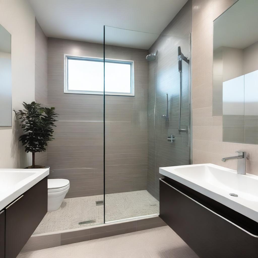 A contemporary bathroom featuring a diagonally positioned glass-enclosed shower box