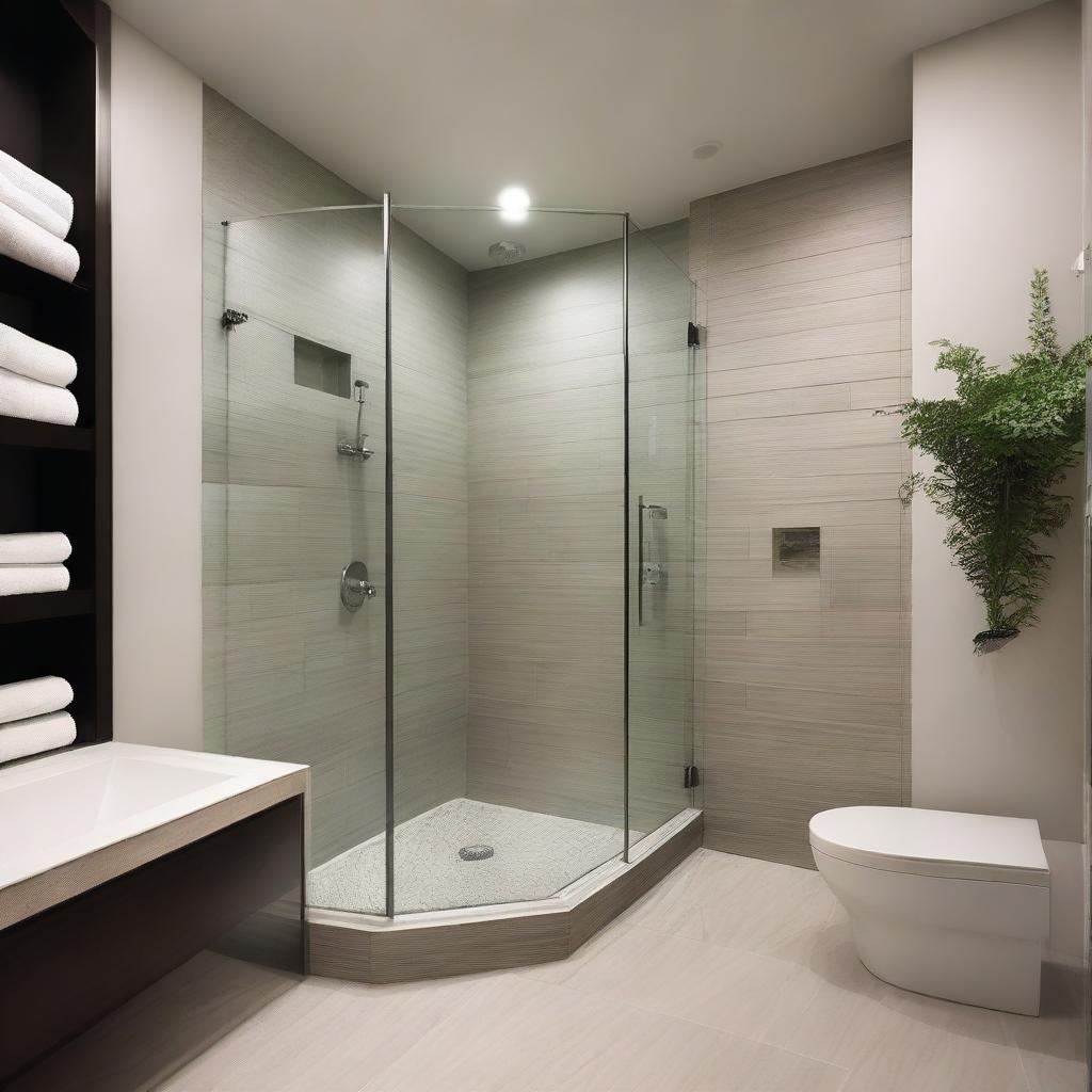 A contemporary bathroom featuring a diagonally positioned glass-enclosed shower box