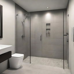 A contemporary bathroom featuring a diagonally positioned glass-enclosed shower box