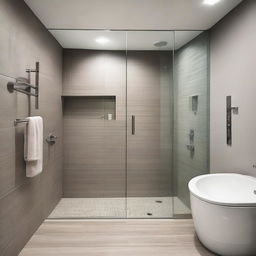 A contemporary bathroom featuring a diagonally positioned glass-enclosed shower box