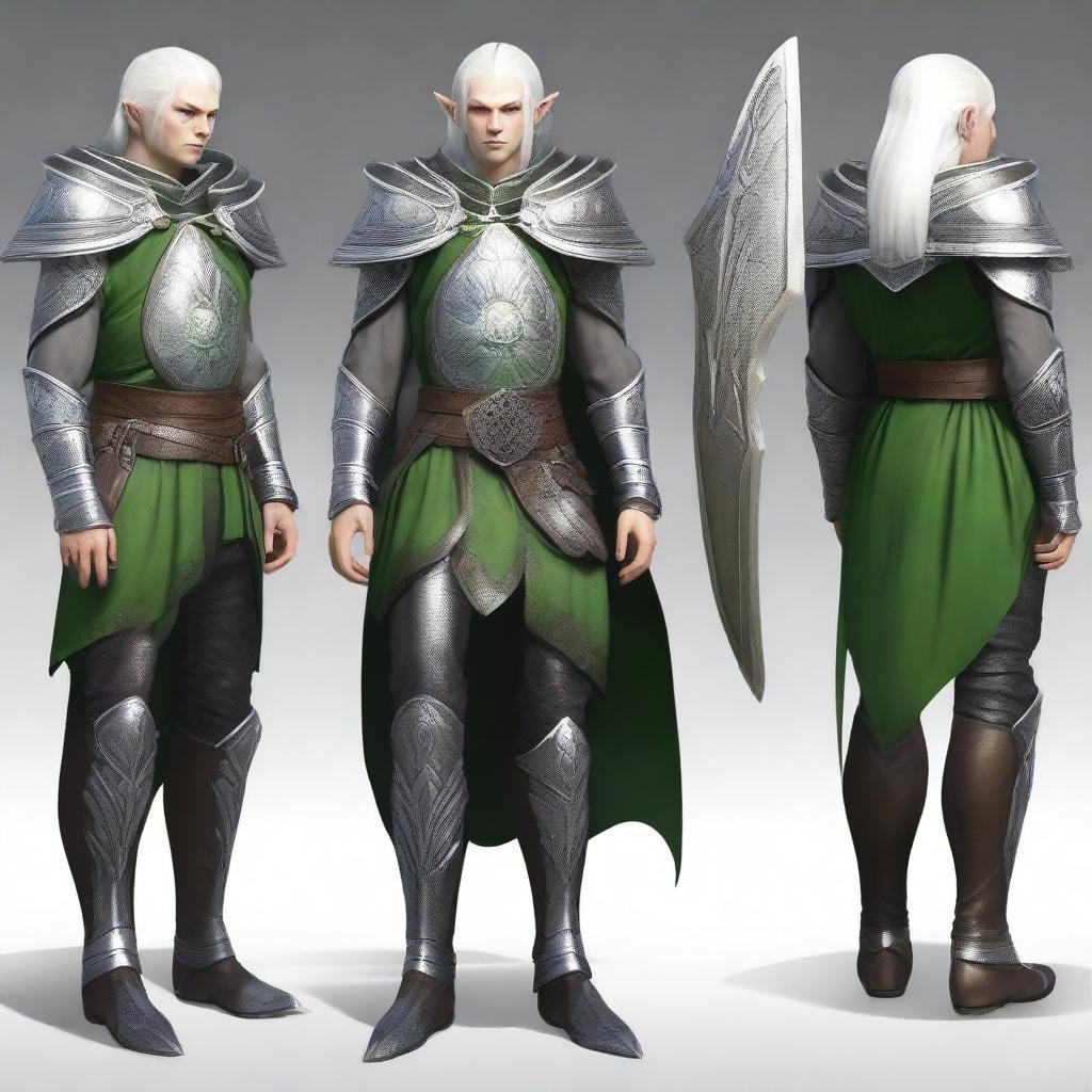 Full body image of a male Shadar-kai elf with pale white skin, standing 5 feet 8 inches tall and weighing 180 pounds