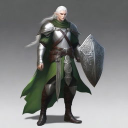 Full body image of a male Shadar-kai elf with pale white skin, standing 5 feet 8 inches tall and weighing 180 pounds