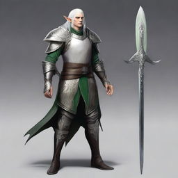 Full body image of a male Shadar-kai elf with pale white skin, standing 5 feet 8 inches tall and weighing 180 pounds