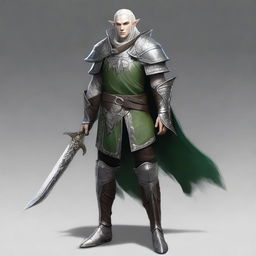 Full body image of a male Shadar-kai elf with pale white skin, standing 5 feet 8 inches tall and weighing 180 pounds